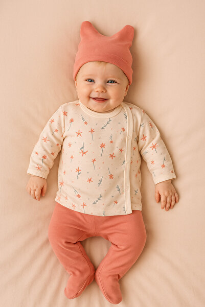 eradkids Organic Cotton Baby 3-Piece Soft Floral Set – Top + Booties + Ear Hat (0-3 Months)