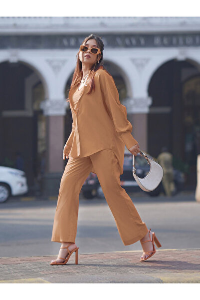 Uptownie By Styli Brown Drop Hem Shirt and Trousers Co-ords