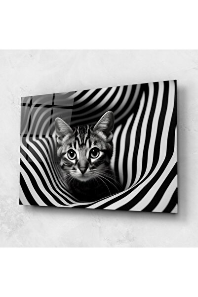 Arthub Tablou Sticla,Dormitor si Living, Alb Negru, Closeup Cat Portrait