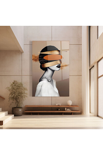 Arthub Tablou Sticla,Dormitor si Living, Abstract cu Linii, Woman With Gold Lines