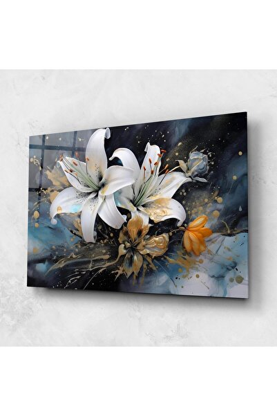 Arthub Tablou Sticla,Dormitor si Living, Crini, Lily On Blue Painting