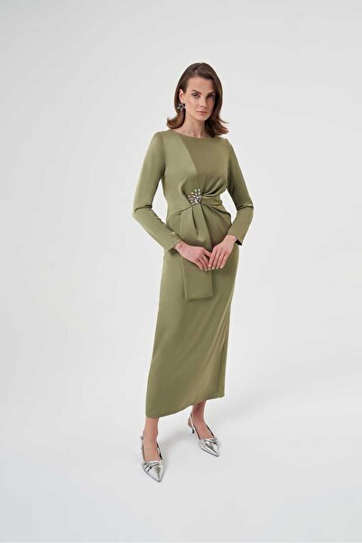 Mimya Taş İşlemeli Saten Kalem Elbise 2846B