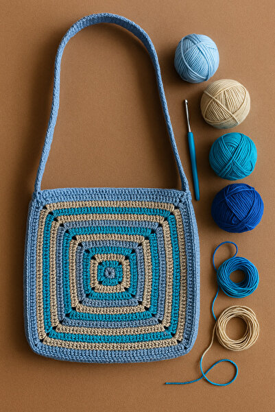 Fun Life حقيبة كتف مربعة محبوكة يدويًا - أزرق، رمادي