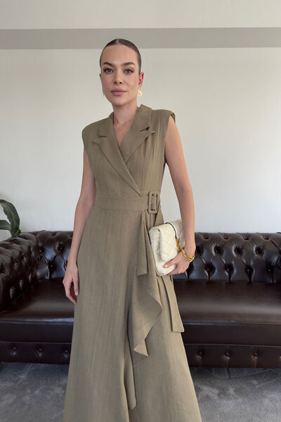 MAGARDE Rochie din in premium cu cataramă la curea în două rânduri - KHAKI