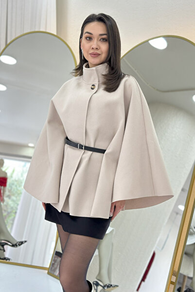 the ZKS Women's Single Button Belted Cashmere Poncho Beige, Black