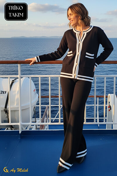 AYMELEK Women's Knitwear Set Striped Detail Button Cardigan and Pants Bottom Top Set