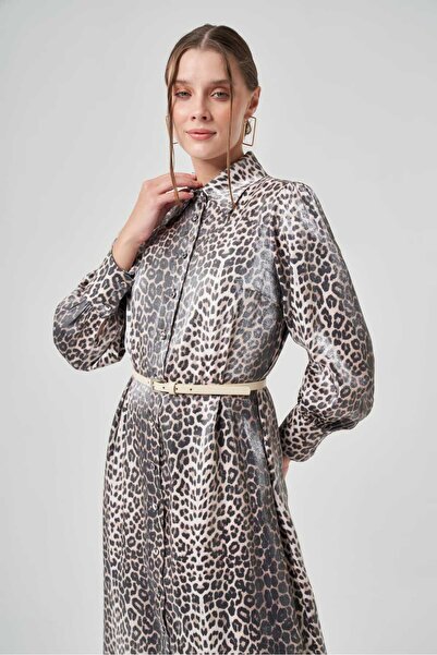 Mimya Leopar Desenli Gömlek Elbise 2021