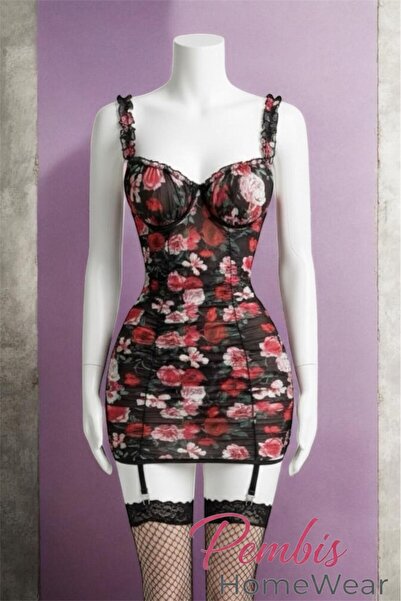 PEMBİŞ HOMEWEAR Vintage Gül Desenli Mini Gecelik Takımı (GECELİKSLİPJARTİYER FİLE ÇORAP)