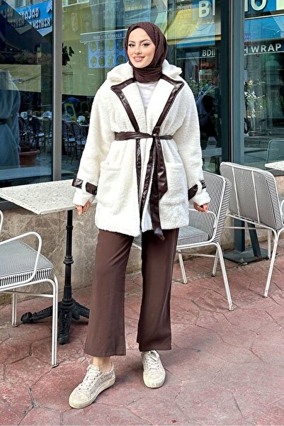 Gülşah collection Leather Garnished Velsoft Coat - Brown