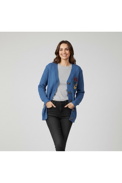 rushana Women's V-Neck Hair Braided Soft Textured Knitwear Cardigan