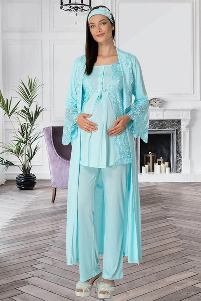 Mecit Pijama Şehzade Model, Maternity & Postpartum Pajama & Robe Set, Turquoise