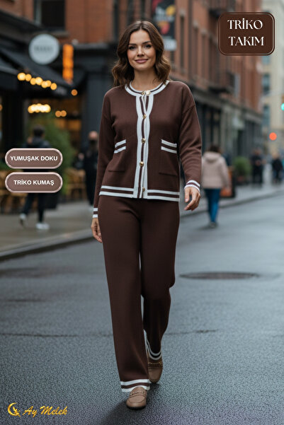 AYMELEK Women's Knitwear Set Striped Detail Button Cardigan and Pants Bottom Top Set