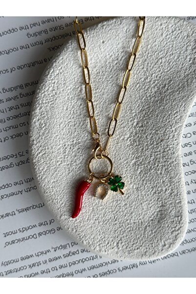 Rossetto Atelier Altın Kaplama Şans Kolyesi ( Cornicello biber,Yonca,Nal )