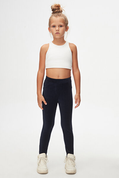 LOVETTI Light Navy Blue Girl's Corded Fabric Velvet Tights with Pockets