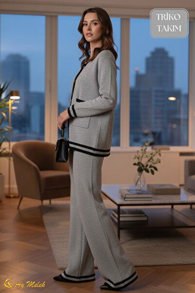 AYMELEK Women's Knitwear Set Striped Detail Button Cardigan and Pants Bottom Top Set