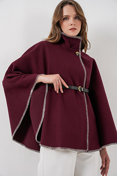Bigdart Women's Stitching Detailed Cashmere Poncho 9166 - Burgundy