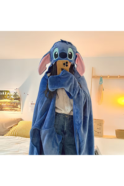 FESECRAFT Stitch Peluş Kapüşonlu Pelerin Figür Giyilebilir Battaniye Televizyon Battaniyesi