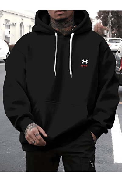 Soothing Space سويت شيرت للجنسين قصة فضفاضة بغطاء رأس بشعار رياضي منقوش