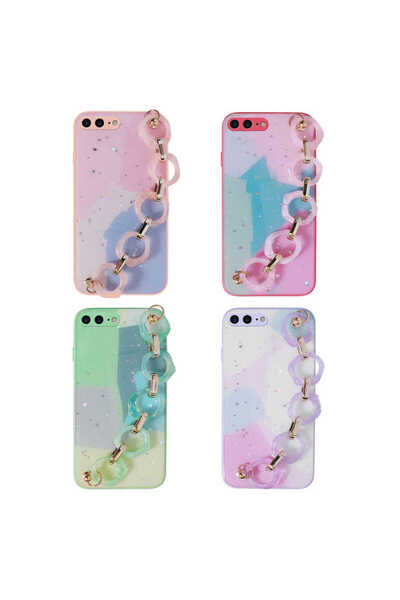 zore iPhone 8 Plus Case Glitter Patterned with Hand Strap and Holder Senk Elsa Silicone Cover - Green