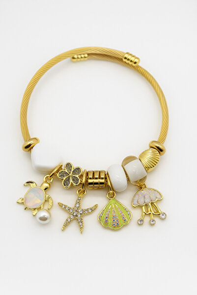 MakeWell سوار من الفولاذ المقاوم للصدأ بلون ذهبي مع تصميم قطة دولفين نجمية للأطفال