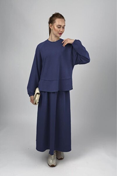 Betimoda Women's Soft Textured Modal Skirt Suit Navy Blue