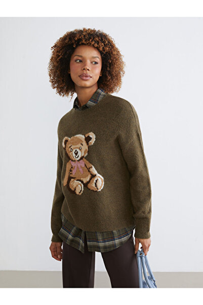 LC Waikiki سترة تريكو نسائية منقوشة على شكل دب كاكي قصة فضفاضة