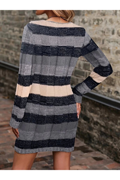 Butik Women's Long Sleeve V-Neck Striped Multi Color Knitwear Mini Dress