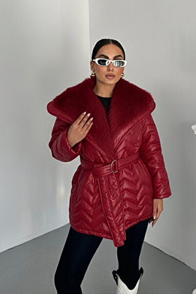 spirituel Women's Puffer Coat Wide Collar Belted Collar Fur Quilted Coat