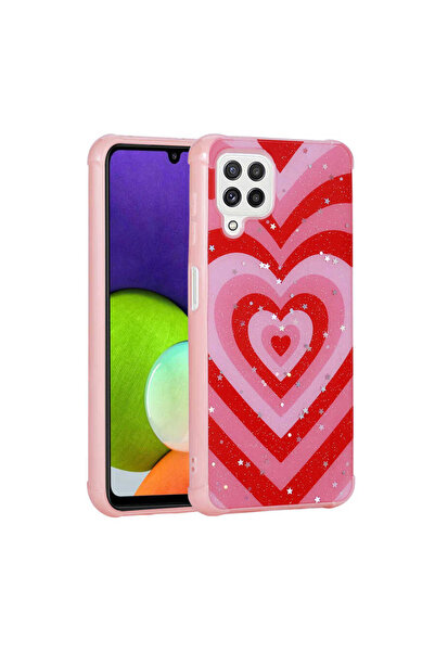 zore Galaxy M32 Case Glitter Patterned Camera Protected Shiny Senk Popy Cover - Heart