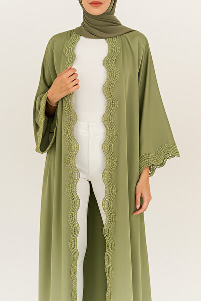 MayaCloset Premium Long Green Nidah Cap Ferace Abaya with Elegant Lace Trim