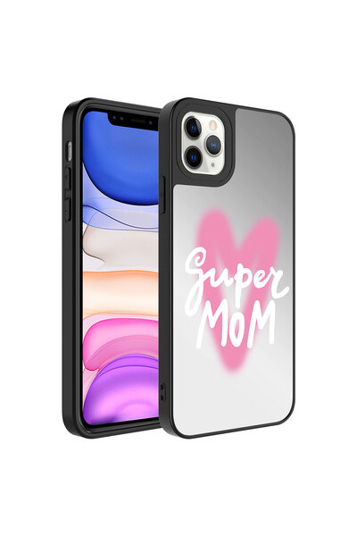 zore iPhone 11 Pro Max Compatible Mirrored Patterned Camera Protected Glossy Senk Mirror Case-Super Mom