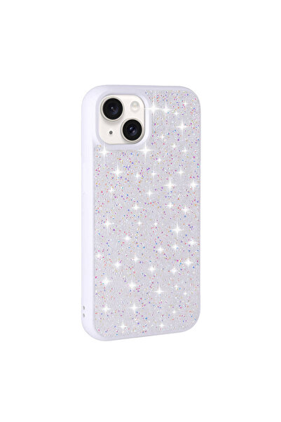 zore iPhone 15 Plus Compatible Shiny Gemstone Design Diamond Senk Case-White