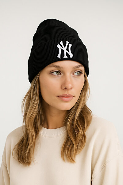 Verahed Ny New York Embroidered Soft Textured Unisex Winter Hat Acrylic Black Color Knitwear Beanie