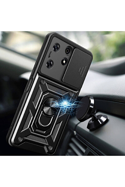 zore Tecno Spark 10 Pro Case Magnetic Stand Camera Protection Senk Sliding Vega Cover - Black
