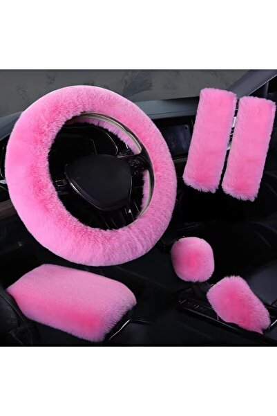 FESECRAFT 6 Parça Pembe Peluş Araba Aksesuar Seti Peluş Direksiyon Kılıfı Vites El Freni Kemer Peluş Süs