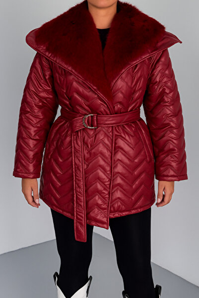 spirituel Women's Puffer Coat Wide Collar Belted Collar Fur Quilted Coat