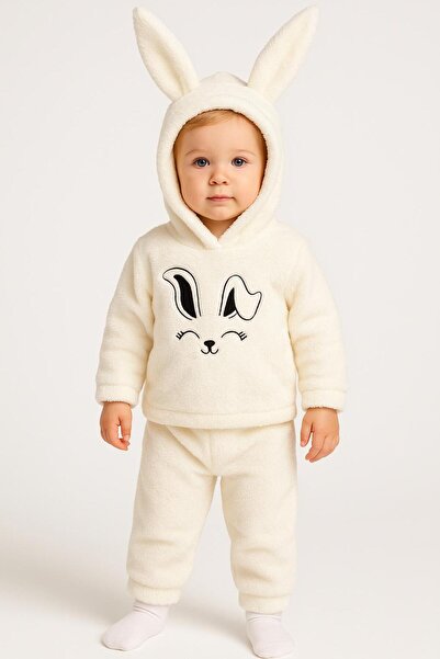 nevrankids Rabbit Embroidered Welsoft 2-Piece Baby Set (with Ears Hooded) - Ecru