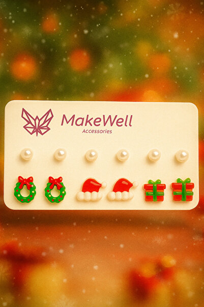MakeWell New Year's Concept Colorful Earring Set with Snowman and Pine Tree Figures and Pearl Earrings