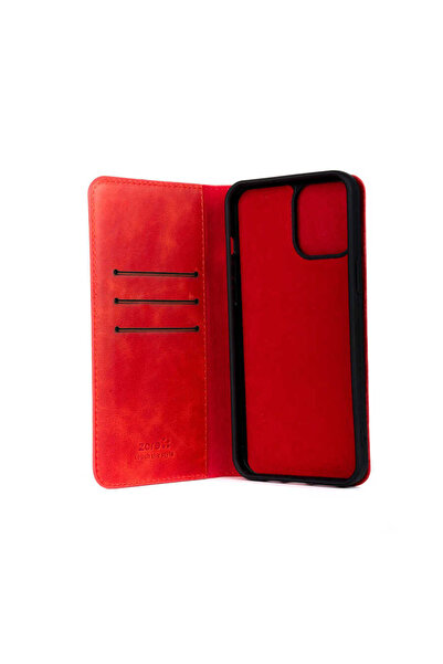 zore iPhone 11 Pro Max Compatible Senk Genuine Leather Multi Wallet Case-Red