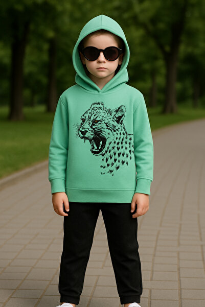 minikiss Hooded 3 Thread Ş Fleece-Lined 100% Cotton Boys' Bottom and Top Set