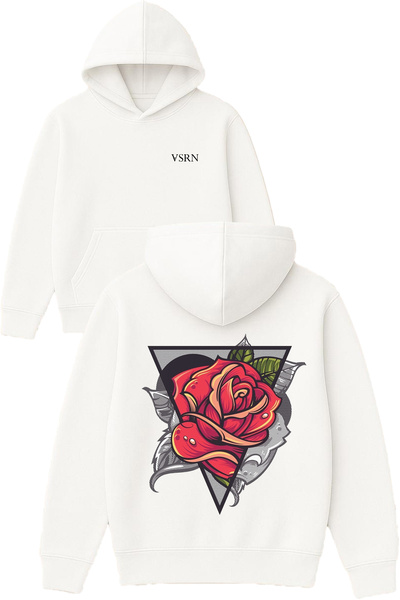 VSRN Inverted Triangle Rose Design Printed Oversized White Hooded Sweatshirt