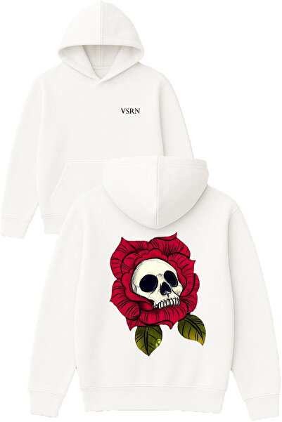 VSRN Hanorac alb supradimensionat cu glugă, cu imprimeu Rose Skeleton Design
