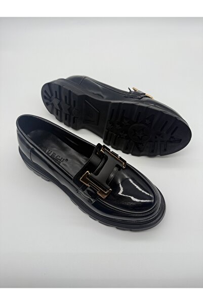 BURCU COLLECTİON Helen Black Leather Loafer with Thick Sole and Gold Buckle Detail