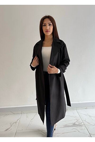 Melike Keleş Pamuklu Kemerli Uzun Trençkot