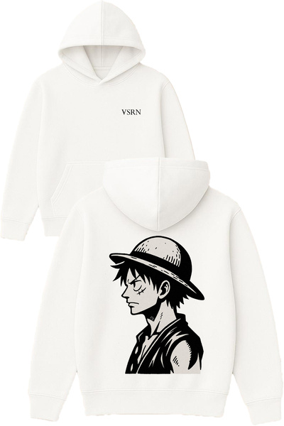 VSRN Hanorac alb supradimensionat cu glugă, cu imprimeu anime cu design zgâri...