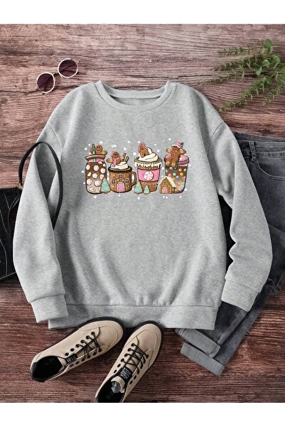 PALPİTO Women's Gray Cookie Coffee Printed Crew Neck Oversized Sweatshirt
