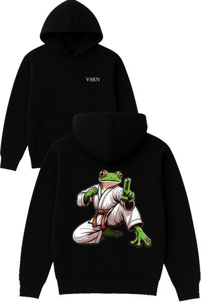 VSRN تصميم الضفدع الأخضر القرمزي مطبوع قصة فضفاضة سويت شيرت أسود بغطاء رأس