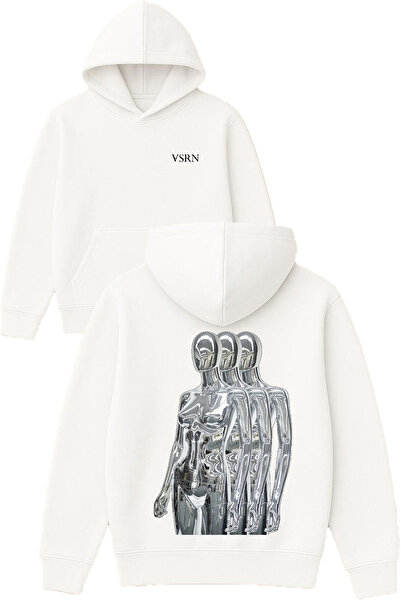 VSRN 3 سويت شيرت نسائي معدني تصميم مطبوع قصة فضفاضة أبيض بغطاء رأس