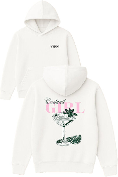 VSRN Hanorac alb supradimensionat cu glugă, cu imprimeu Cocktail girl Design