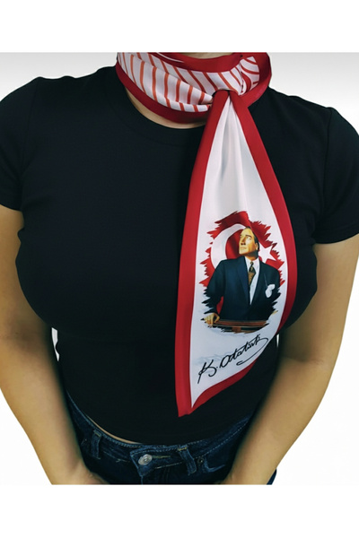 Mavi Masal Atatürk İmzalı ve Silüetli Beyaz-Kırmızı Desenli Kravat / Fular